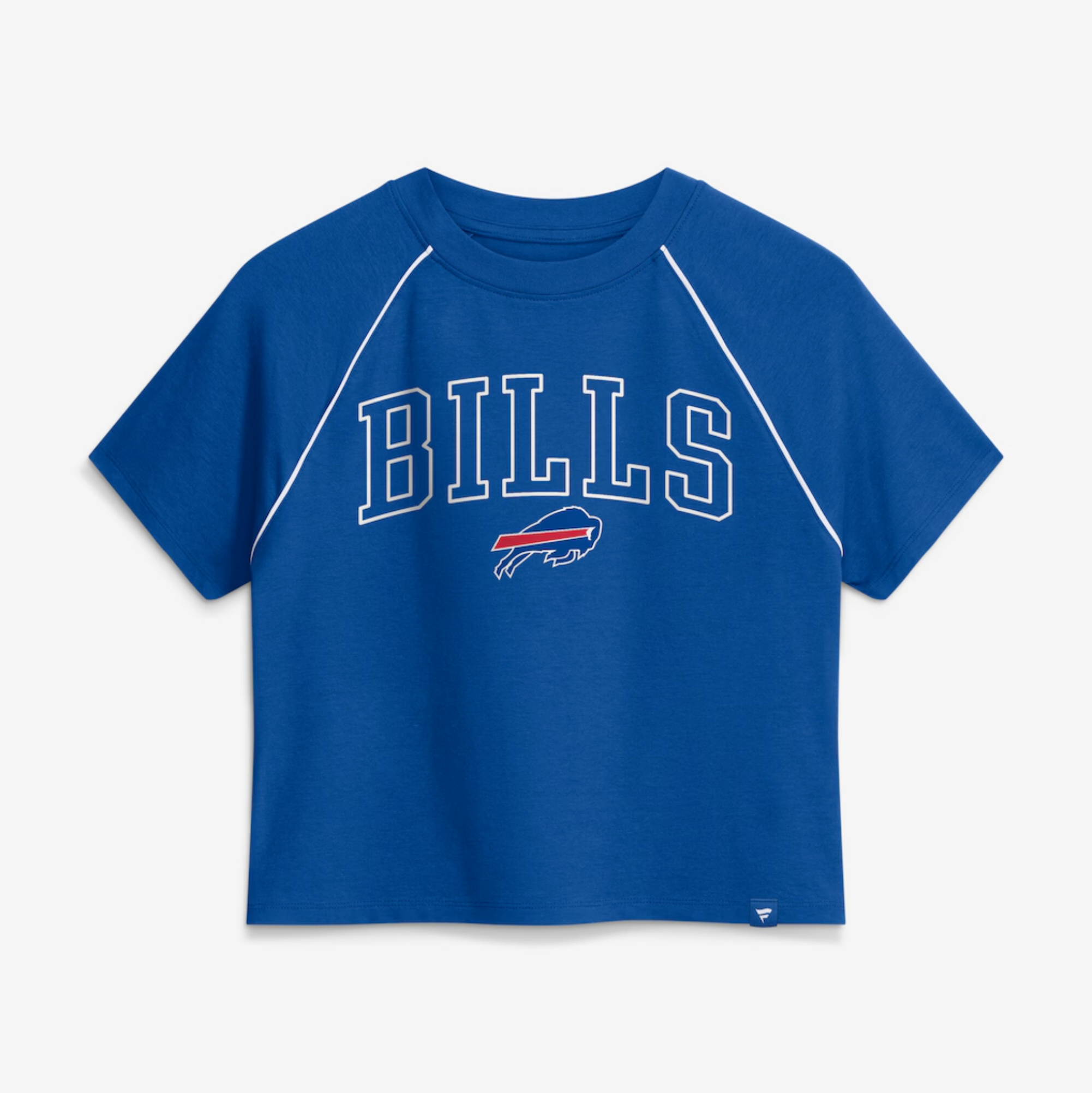 Front view of Buffalo Bills Fanatics Women's Offensive Scheme royal blue cropped t-shirt featuring classic red and white Bills graphic