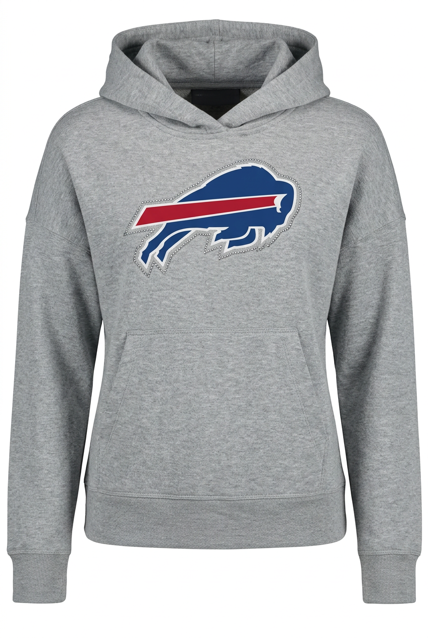 Buffalo Bills Women's Rhinestone Relaxed Hoodie Gray | TeeShirtUniversity