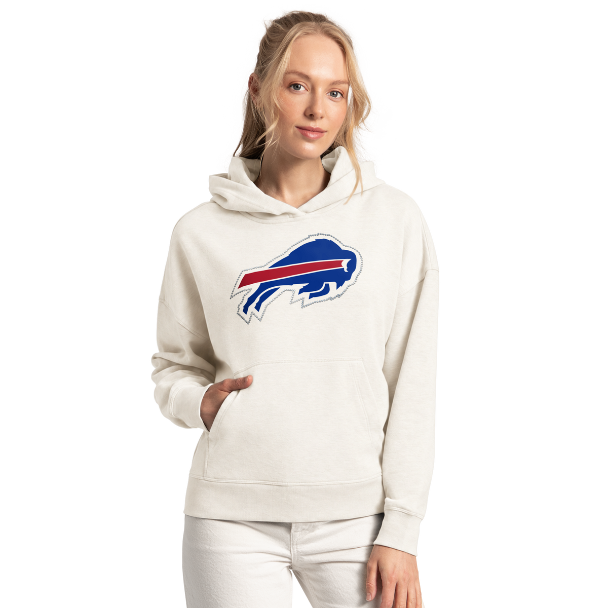 Buffalo Bills Women's Rhinestone Relaxed Hoodie white | TeeShirtUniversity