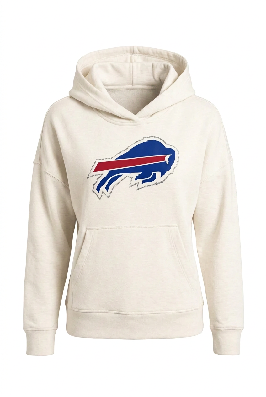 Buffalo Bills Women's Rhinestone Relaxed Hoodie white | TeeShirtUniversity