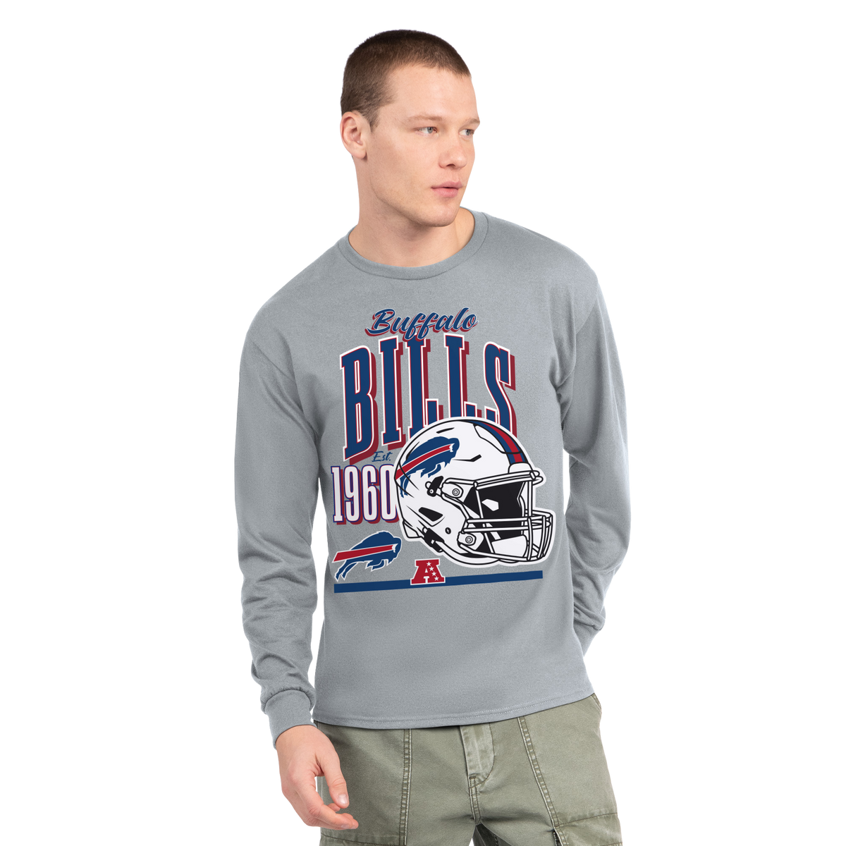 Primary Front View: Buffalo Bills Starter 1960 Helmet long sleeve gray t-shirt front view