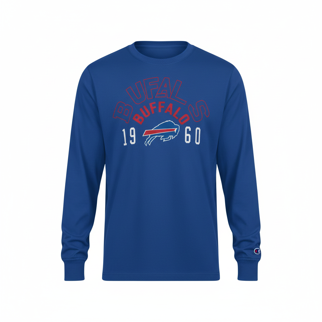 Royal blue Buffalo Bills Starter Blitz long sleeve t-shirt front view featuring embroidered logo and 1960 graphic