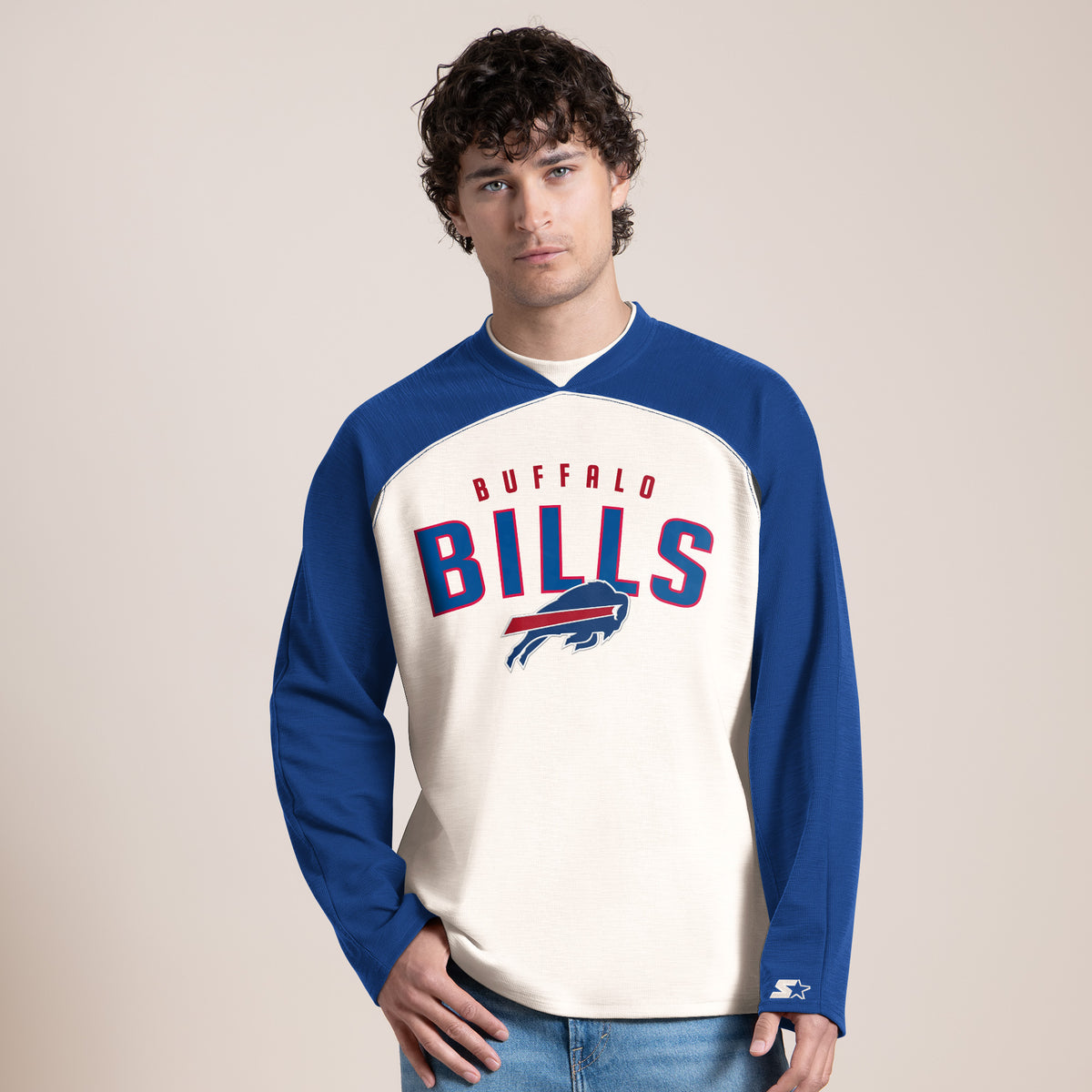 Royal blue Buffalo Bills Starter Long Sleeve Shirt with embroidered logo and distressed graphics
