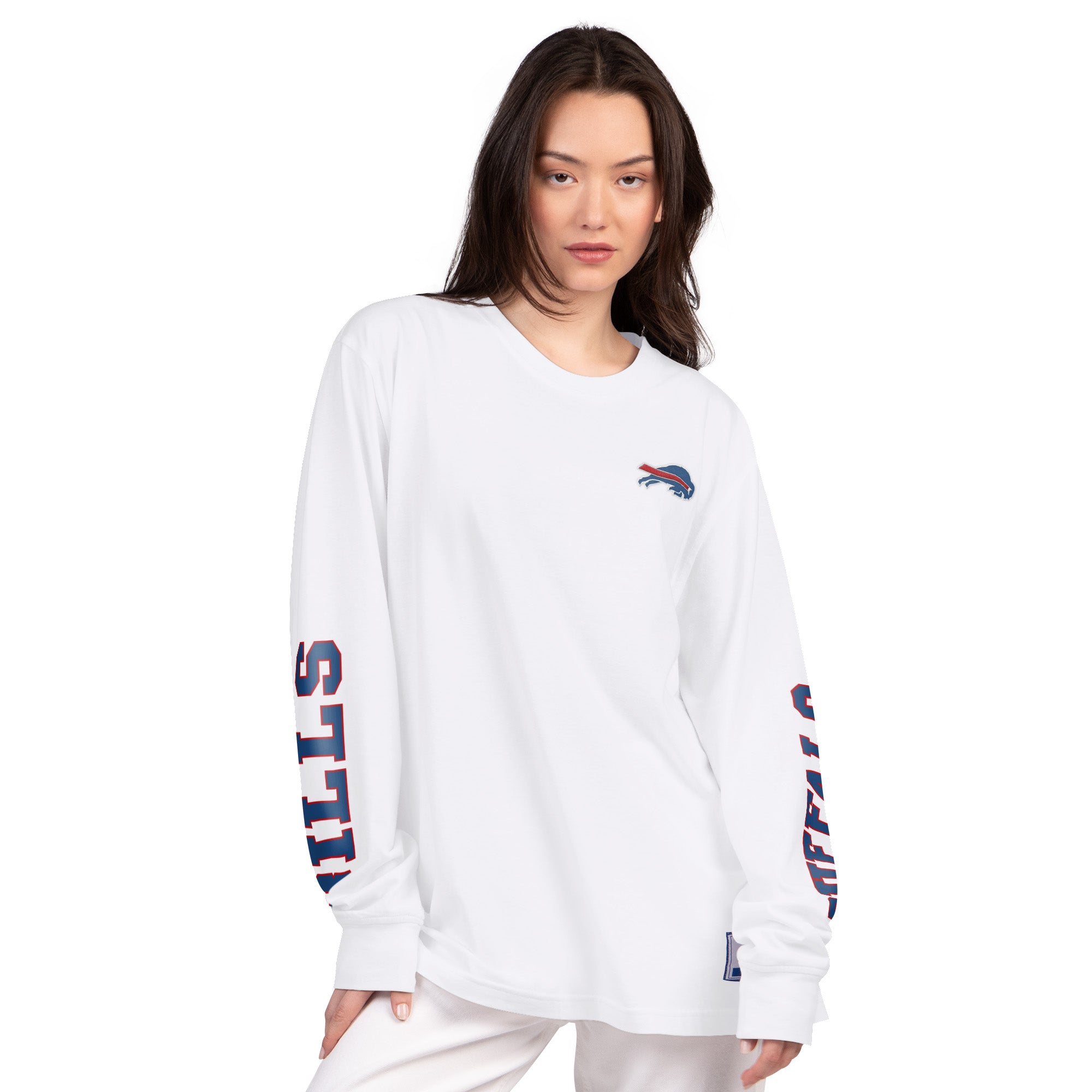 Front view of Buffalo Bills Starter White Long Sleeve T-Shirt with embroidered logo. Front View female