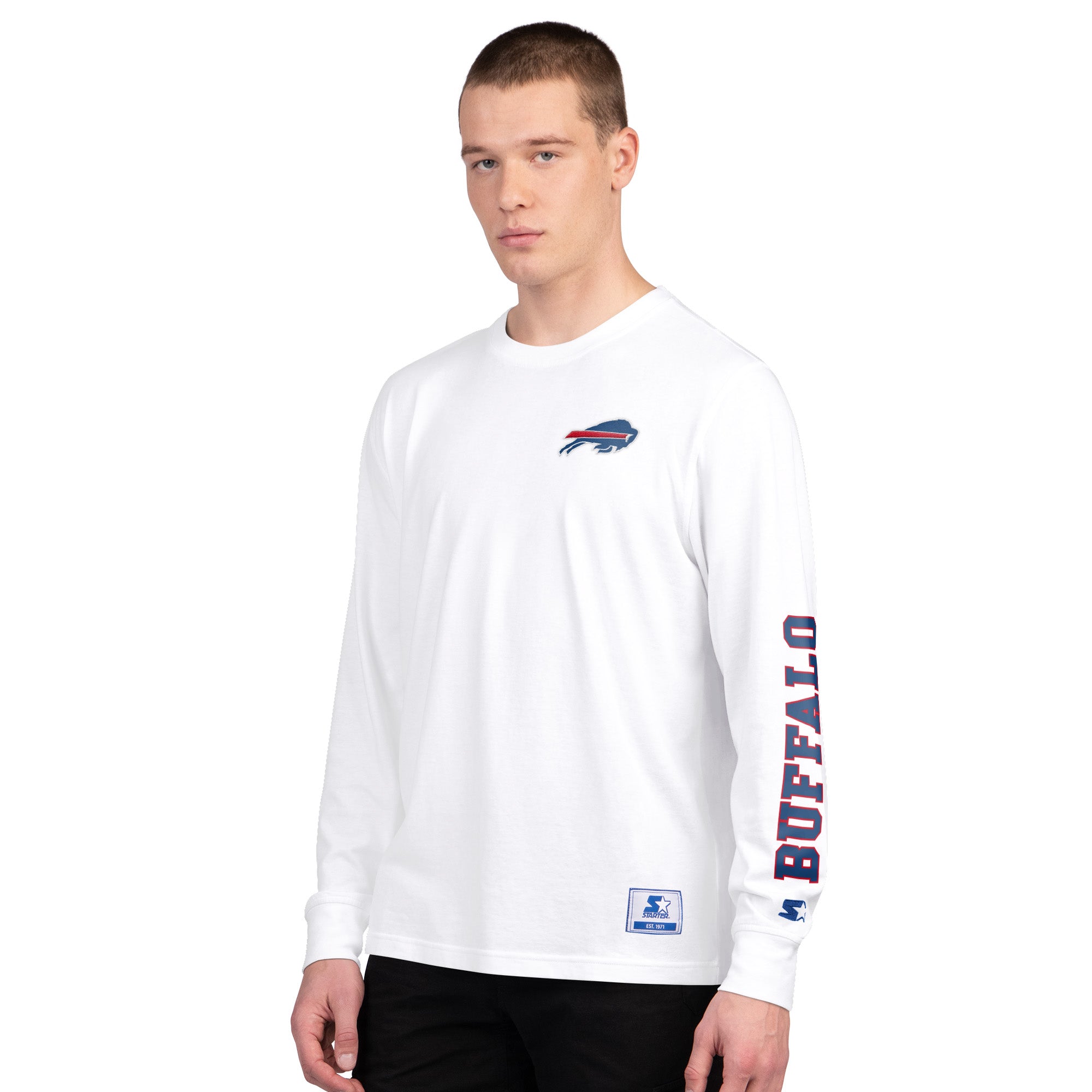 Front view of Buffalo Bills Starter White Long Sleeve T-Shirt with embroidered logo. Front View male