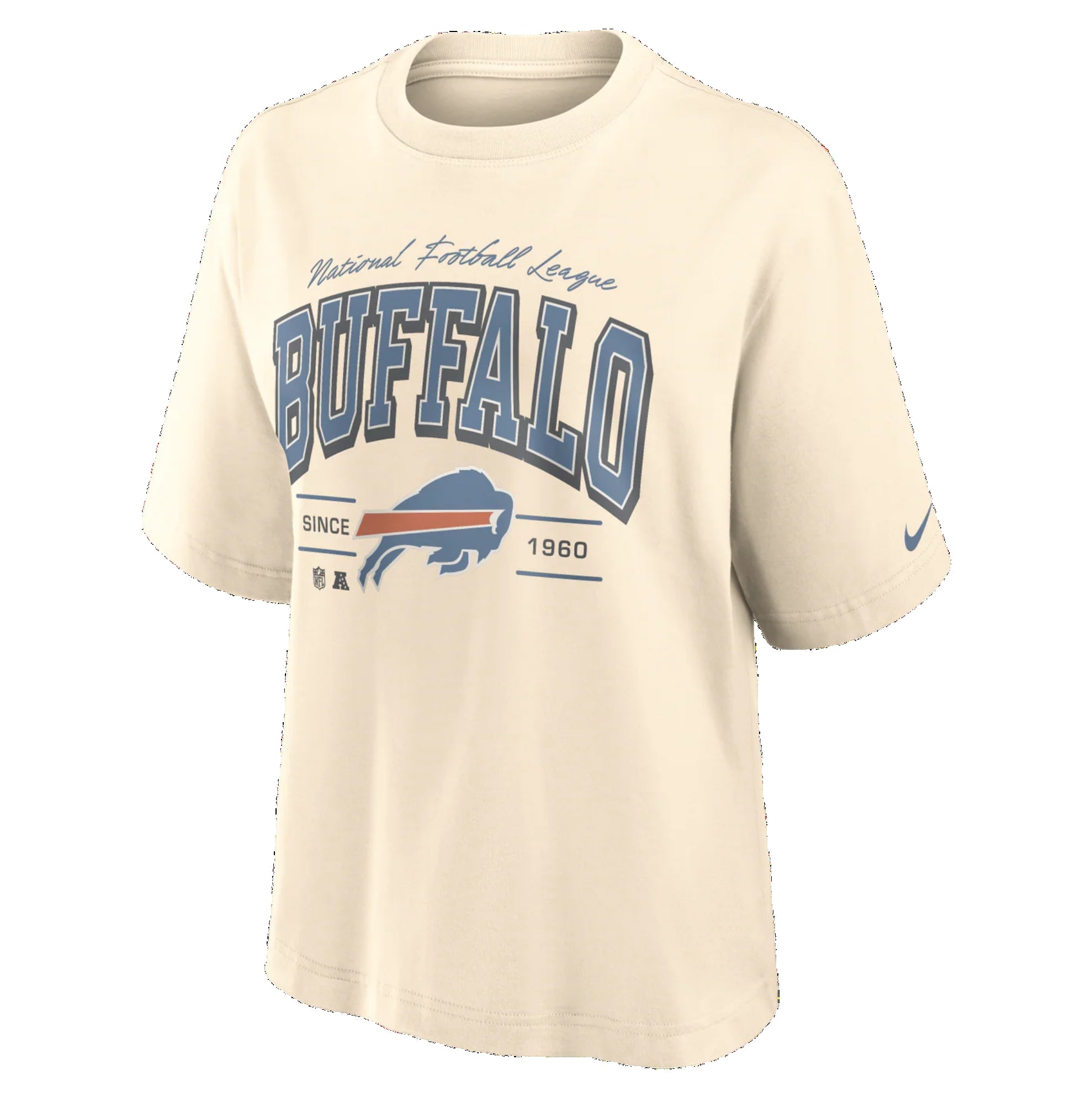 Front view of Buffalo Bills Nike Women's Vintage Mod Boxy T-Shirt in cream color