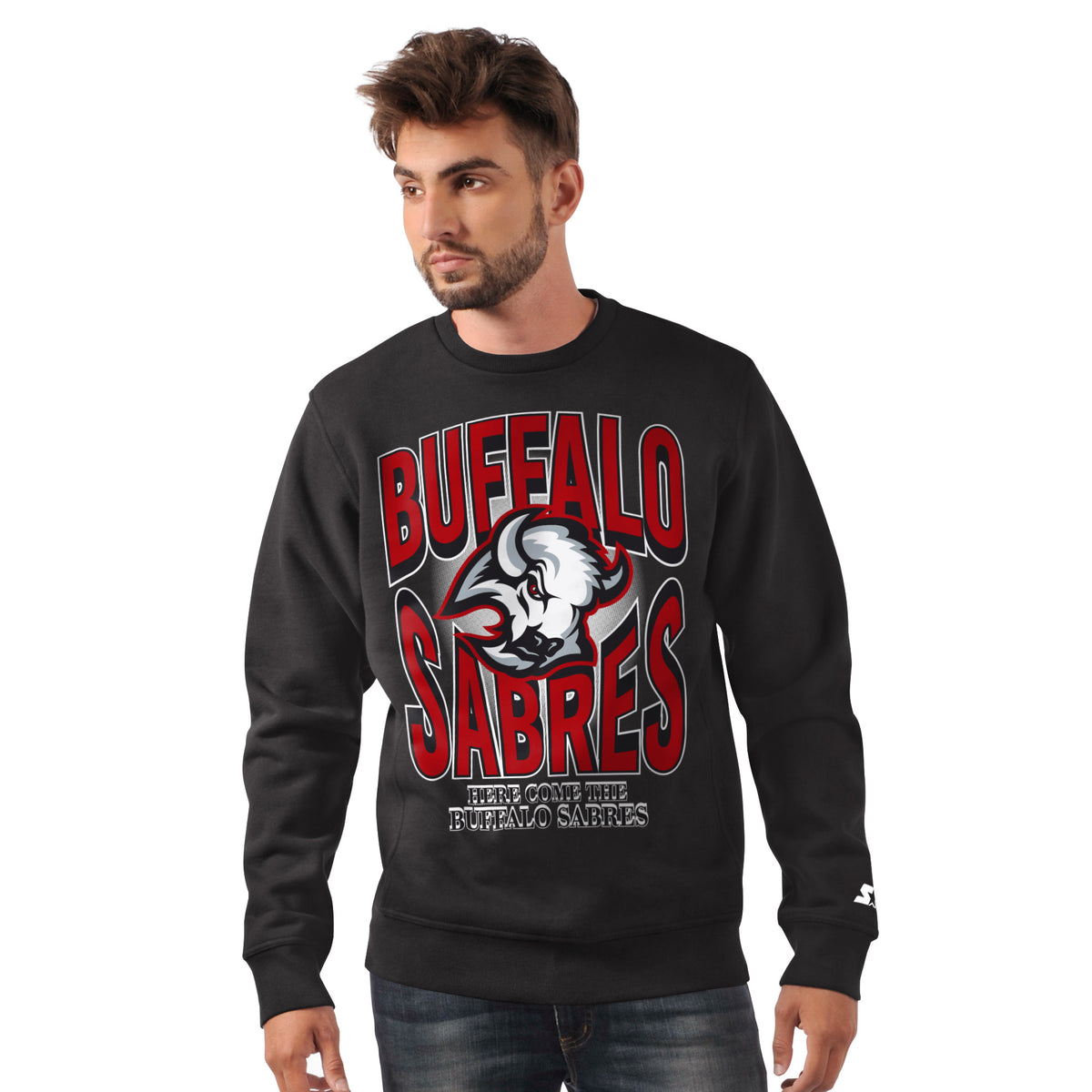 Buffalo Sabres Starter Black Crewneck Sweatshirt with Red and Black Goathead Logo - Front View