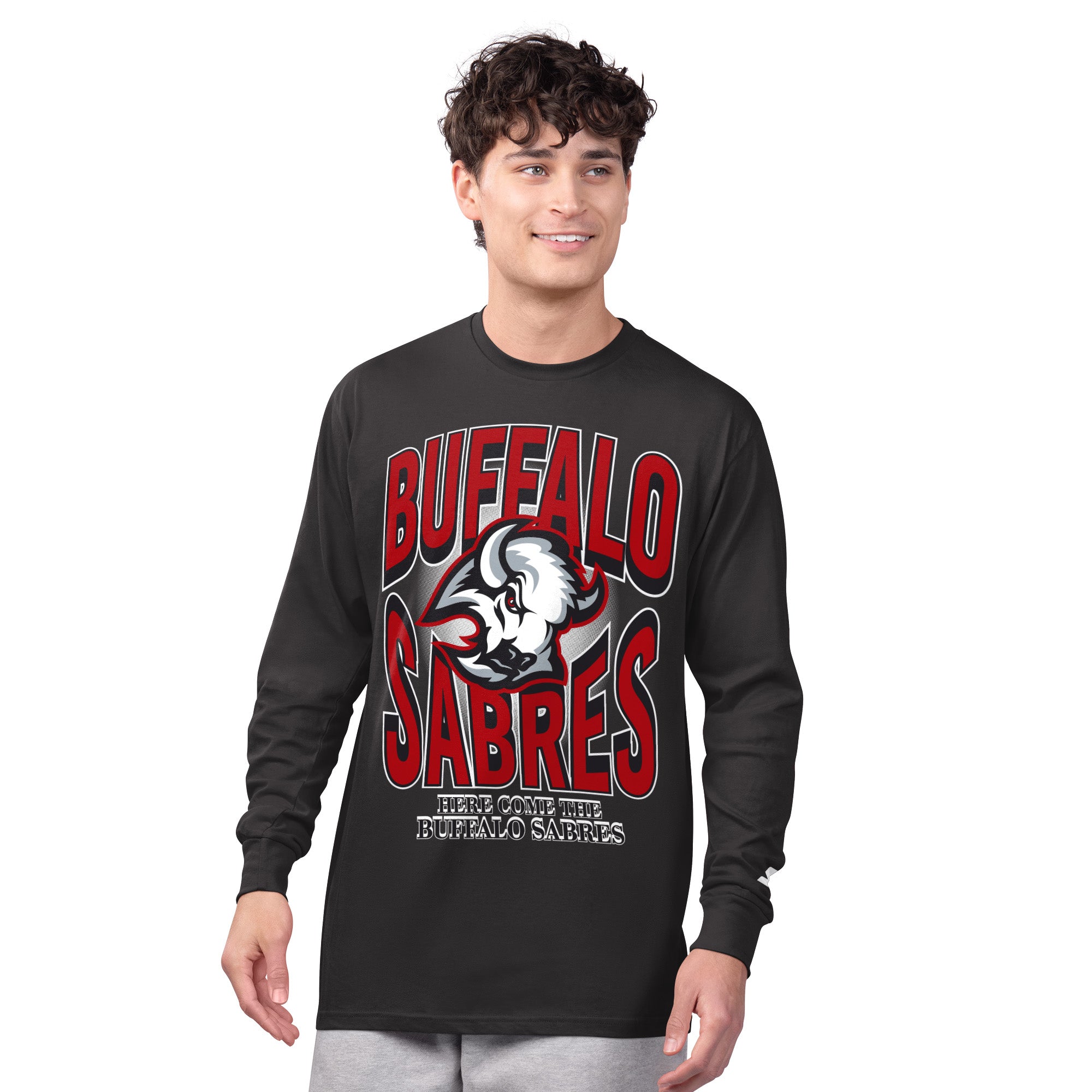 Front of Buffalo Sabres black long sleeve shirt with red and black Goathead logo by Starter

