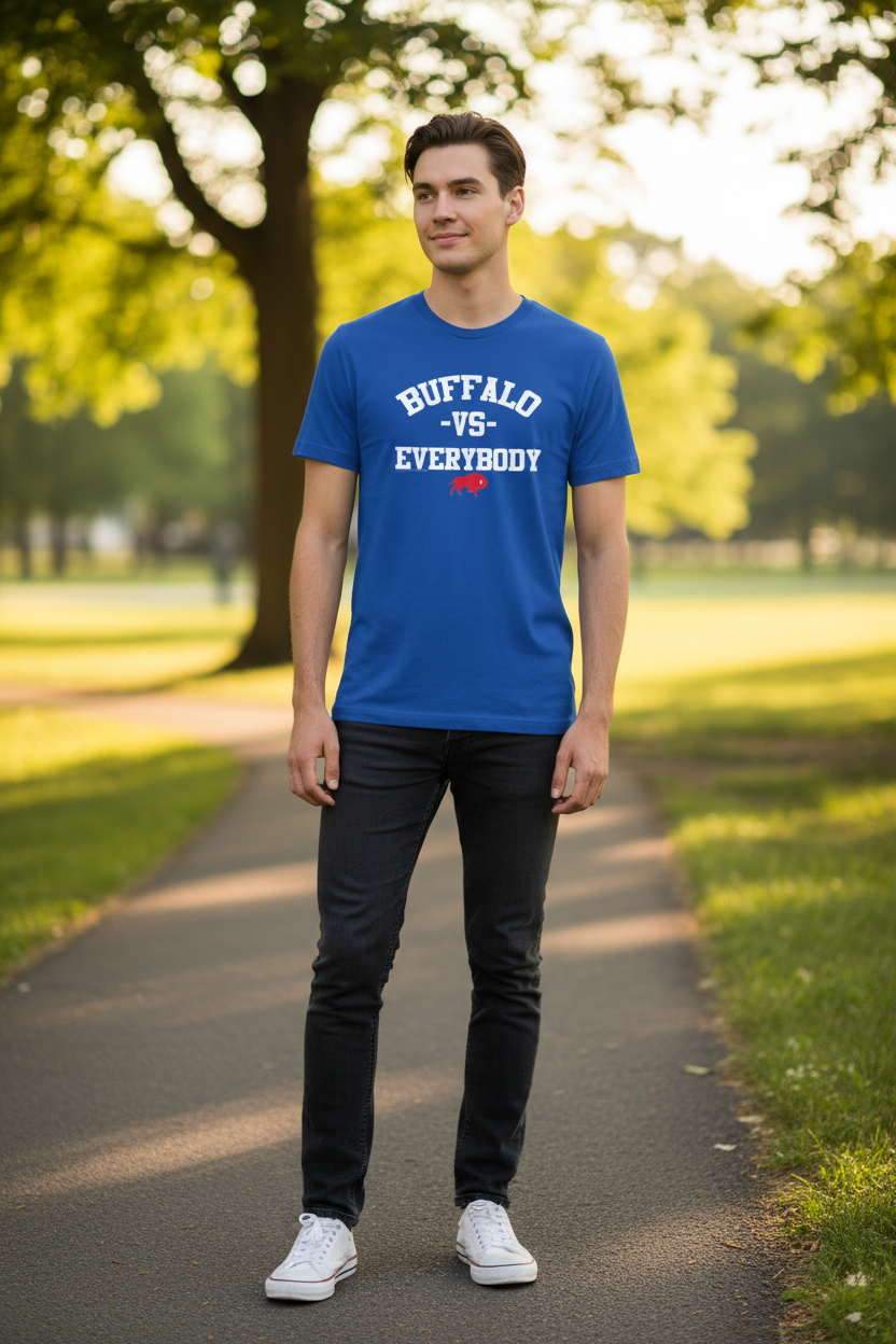 A royal blue short-sleeve t-shirt with 'BUFFALO -VS- EVERYBODY' printed in white varsity-style lettering on the chest, with a small red buffalo graphic below.