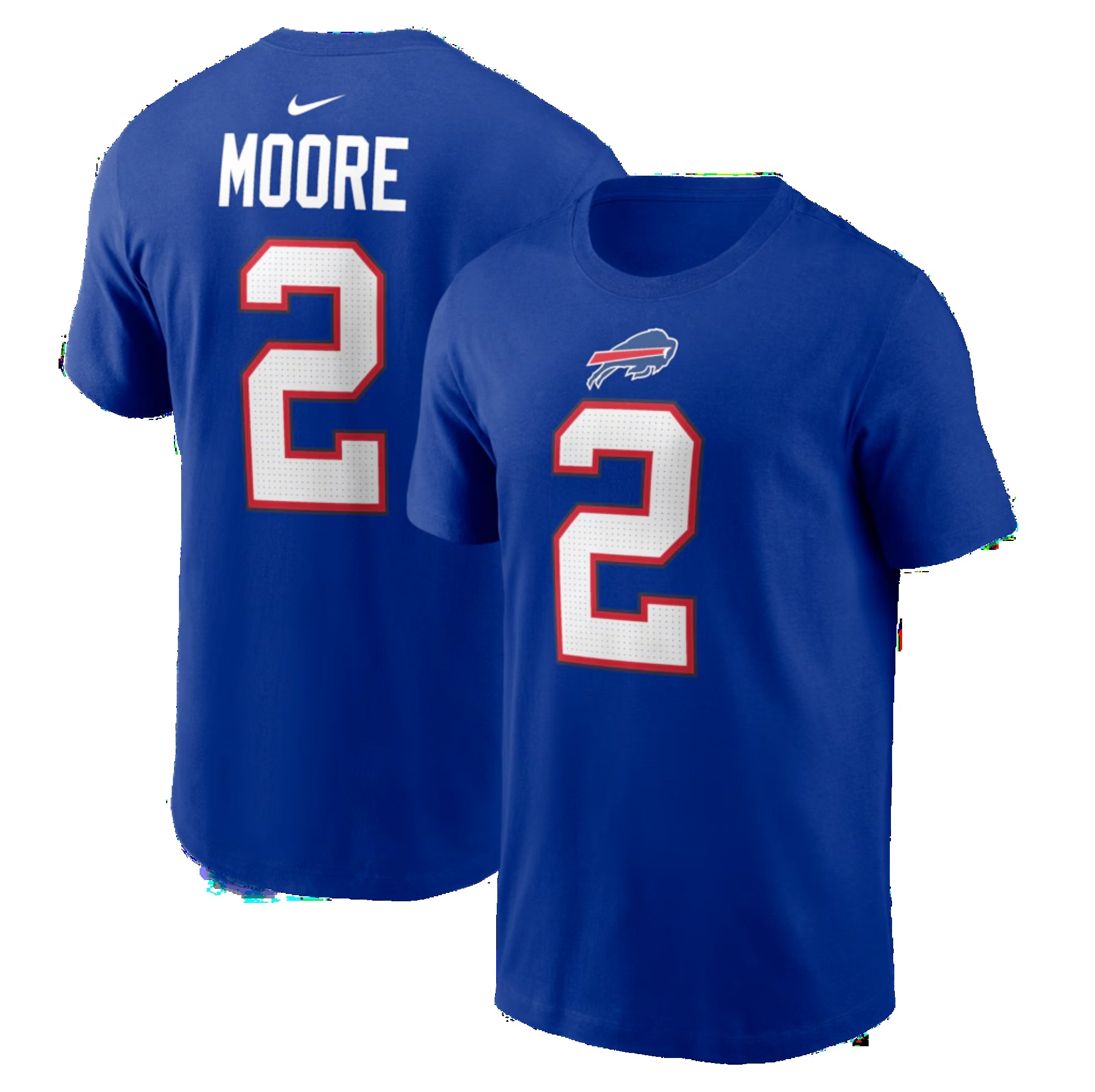 Ensure your alt text reads: Front and back view of Royal Blue D.J. Moore Buffalo Bills Nike T-Shirt with #2.