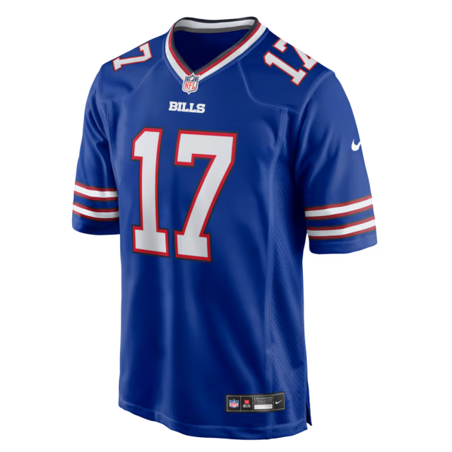Front view of the Men's royal blue Buffalo Bills Josh Allen Nike jersey, showcasing the screen-printed white number 17 and the stitched NFL shield at the collar.