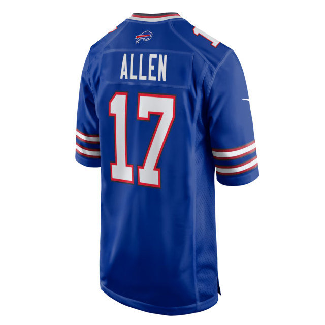 Back view of the blue Nike Buffalo Bills game jersey with Josh Allen's name and number 17 boldly printed in white and red.