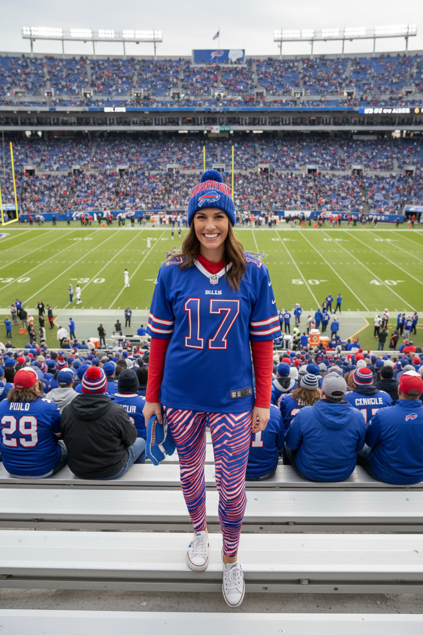 Blue, red, and white zebra-striped leggings with a Buffalo Bills logo on the upper left hip, shown on a white background.