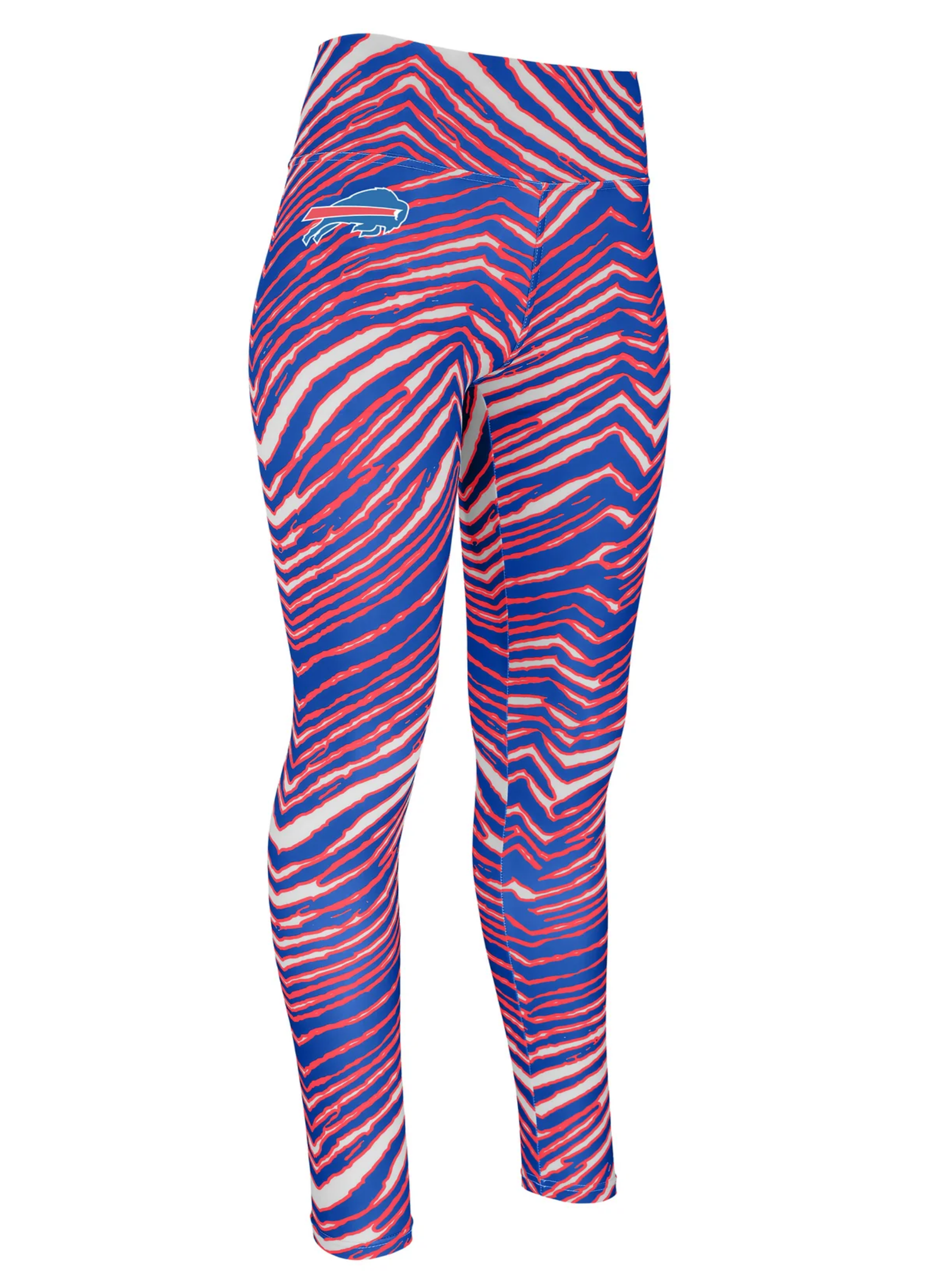 Front view of Buffalo Bills Women's Zubaz zebra print leggings in royal blue and red