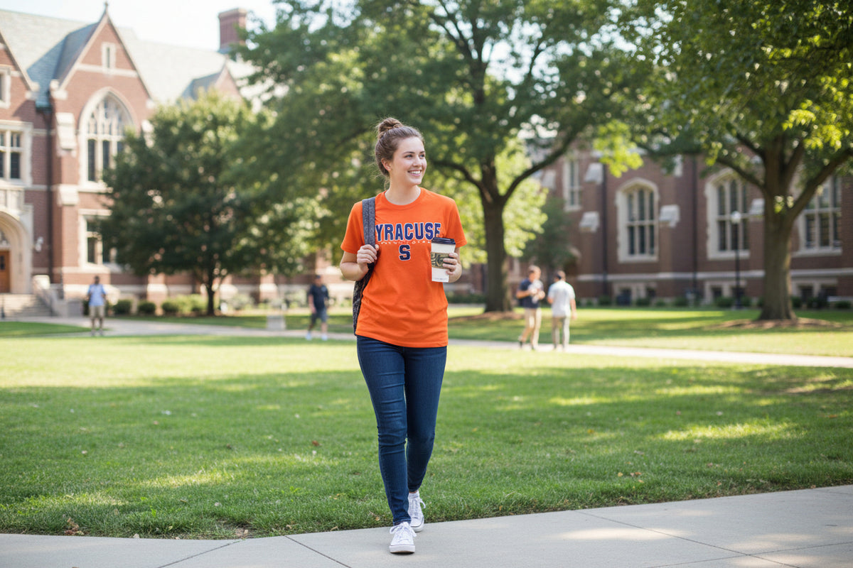 An orange short-sleeve t-shirt featuring 'SYRACUSE UNIVERSITY' and a large 'S' logo printed in navy blue on the chest, with a small Champion logo on the left sleeve.