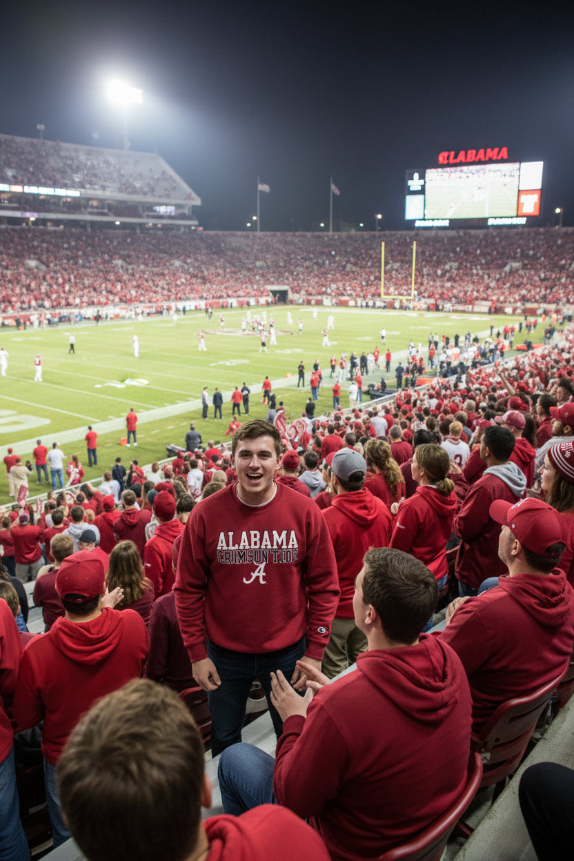 A crimson red crewneck sweatshirt featuring 'ALABAMA CRIMSON TIDE' and the Alabama 'A' logo printed on the chest, with a small Champion logo on the left sleeve cuff.