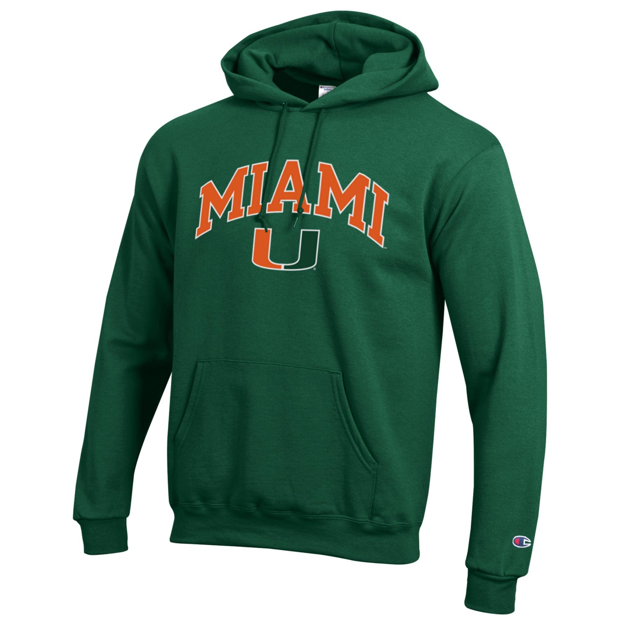 Champion Miami Hurricanes Green Hoodie with Arched Miami Wordmark and The U Logo.