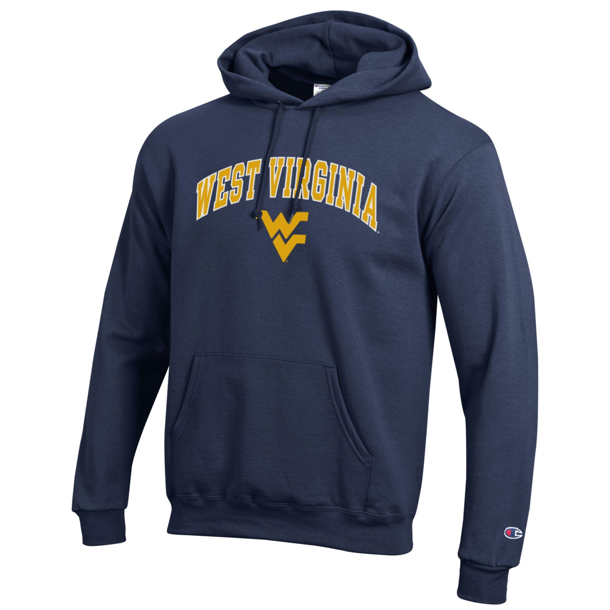 Navy blue Champion West Virginia University (WVU) Mountaineers hoodie with gold arched wordmark and logo.