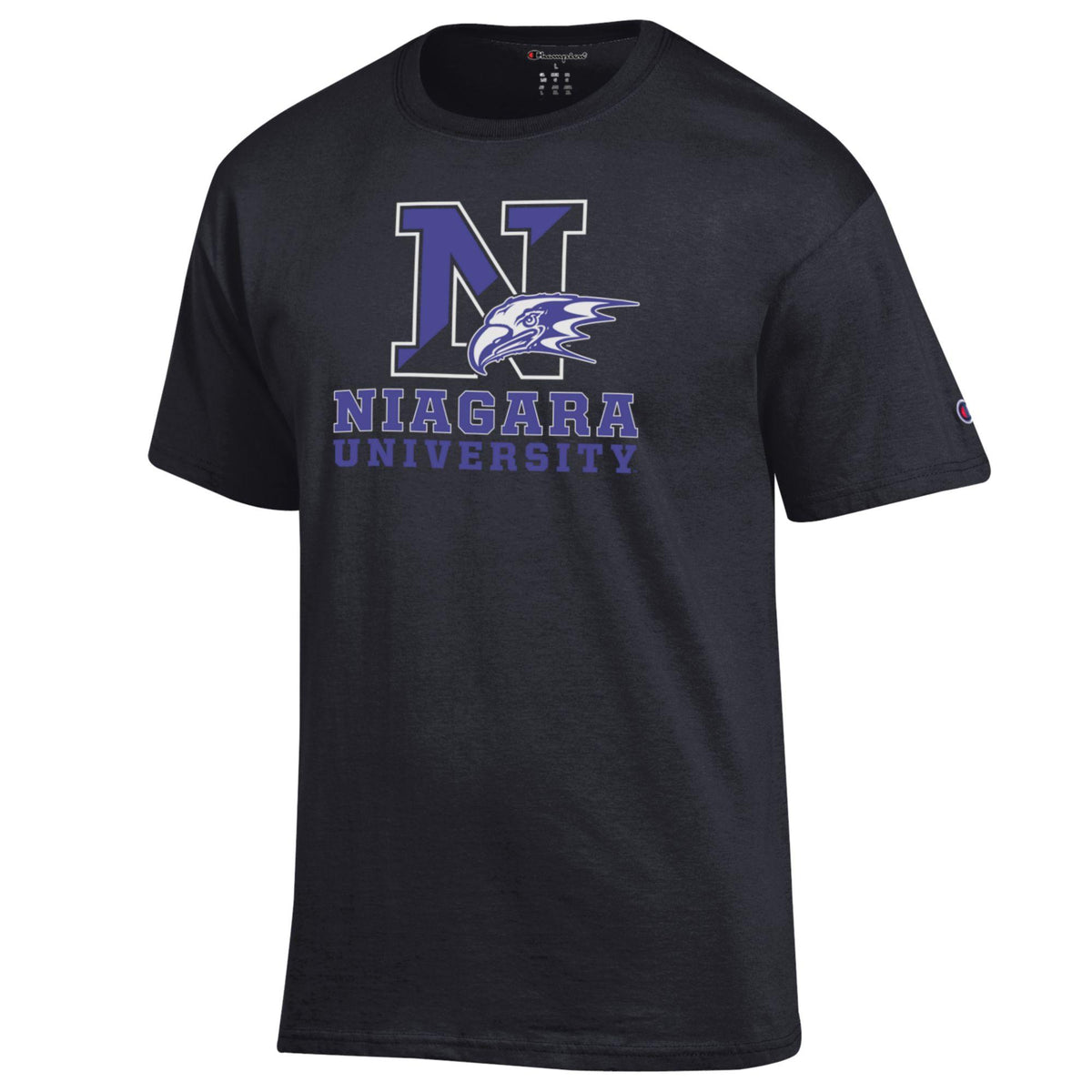 Front view of black Champion T-shirt featuring a purple Niagara University "N" logo with an eagle head graphic.