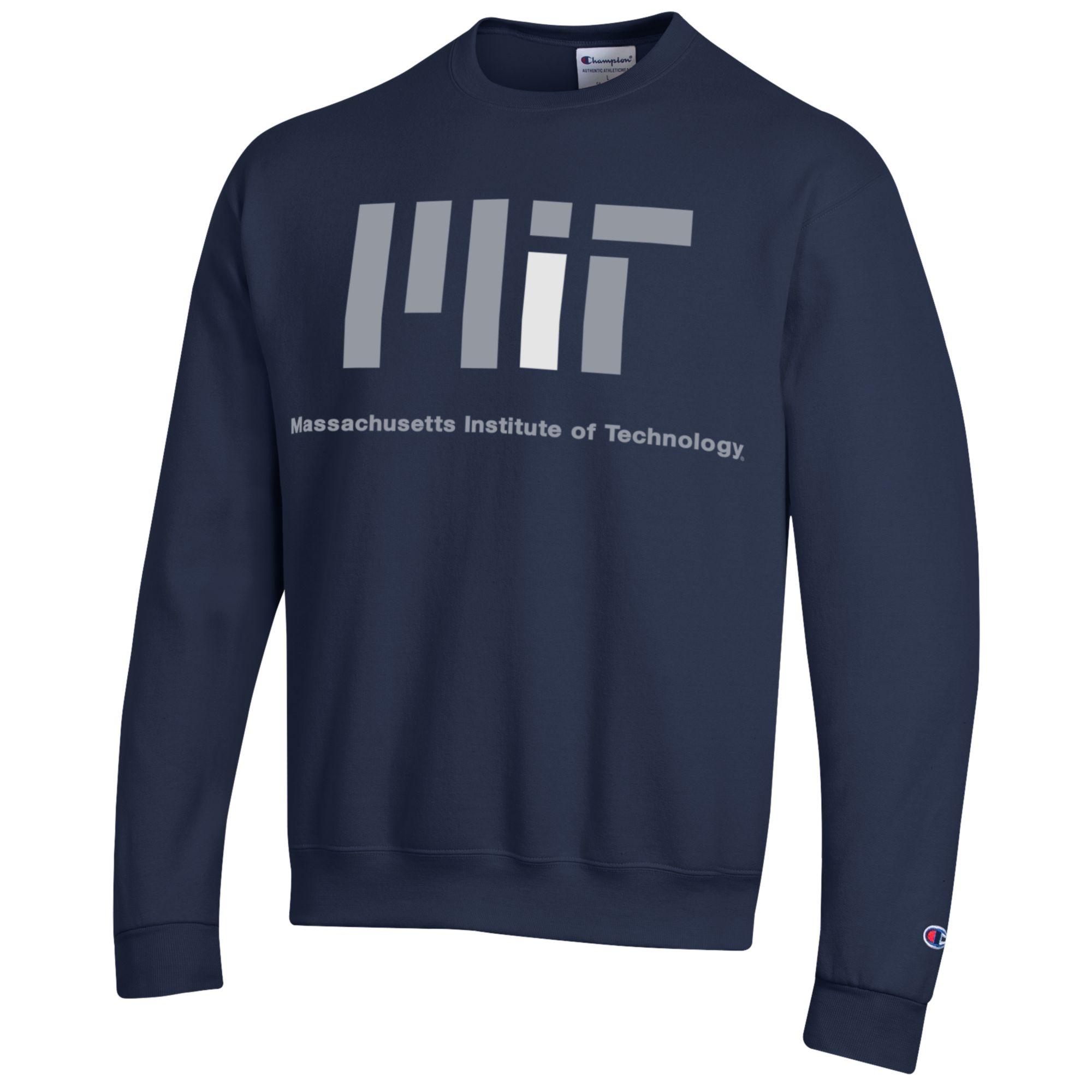Front view of navy blue Champion MIT crewneck sweatshirt featuring white MIT text