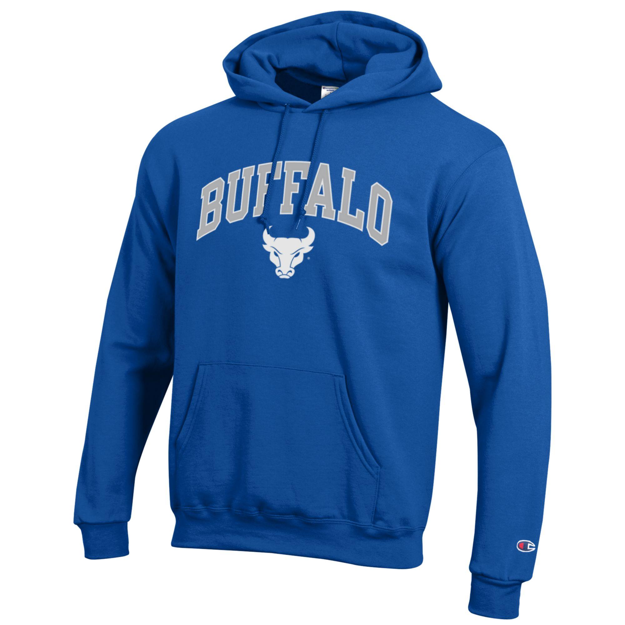 A royal blue pullover hoodie featuring 'BUFFALO' in arched varsity letters and a white buffalo mascot logo on the chest. The hoodie has a front kangaroo pocket and a small Champion logo on the left sleeve cuff.