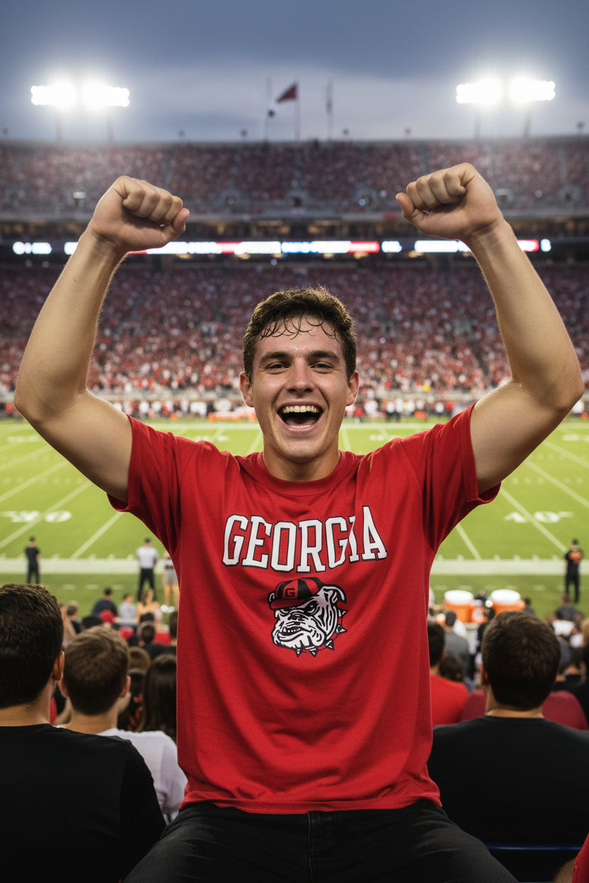 Red Champion Georgia Bulldogs T-Shirt with Arched Georgia and Bulldog Head Logo.
