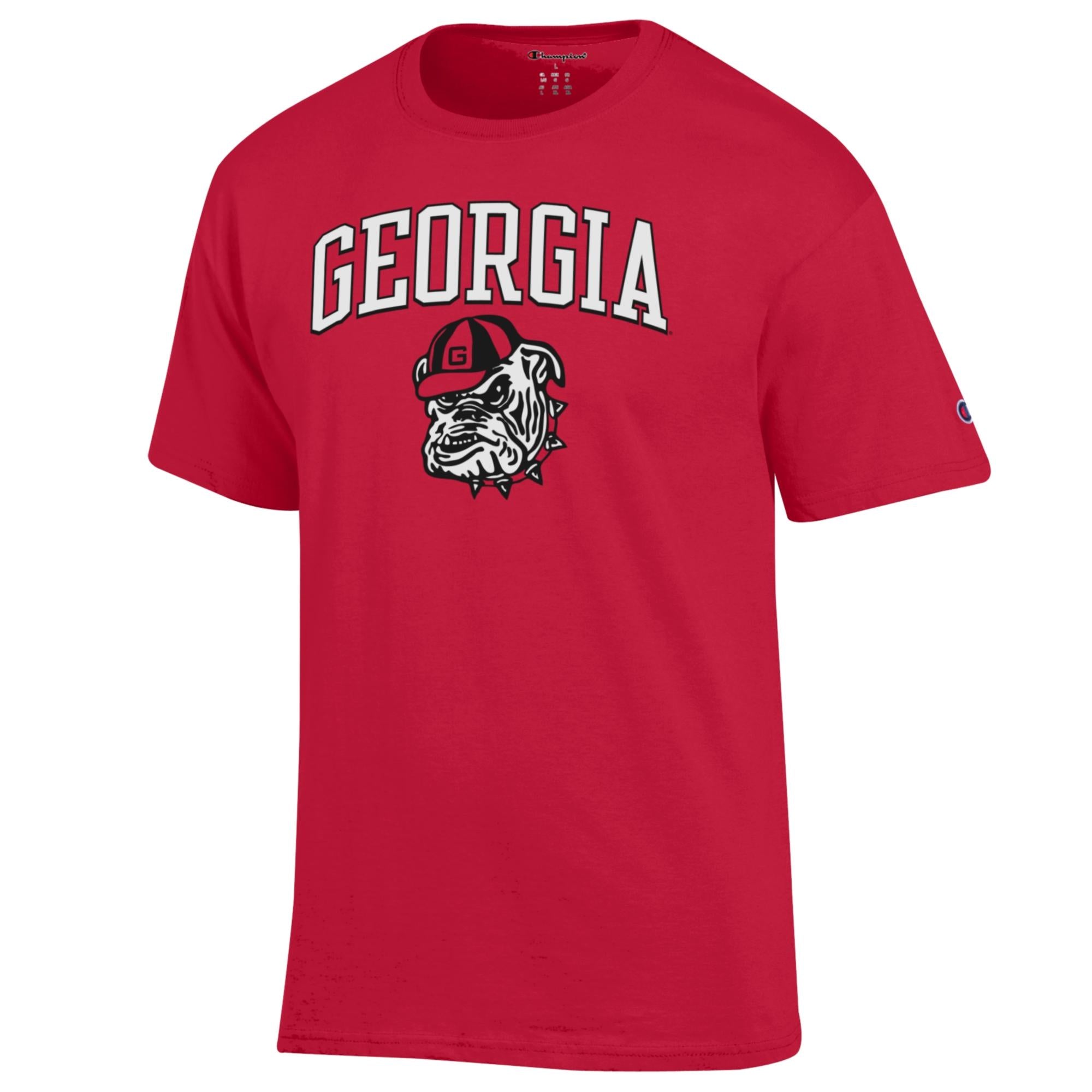Red Champion Georgia Bulldogs T-Shirt with Arched Georgia and Bulldog Head Logo.