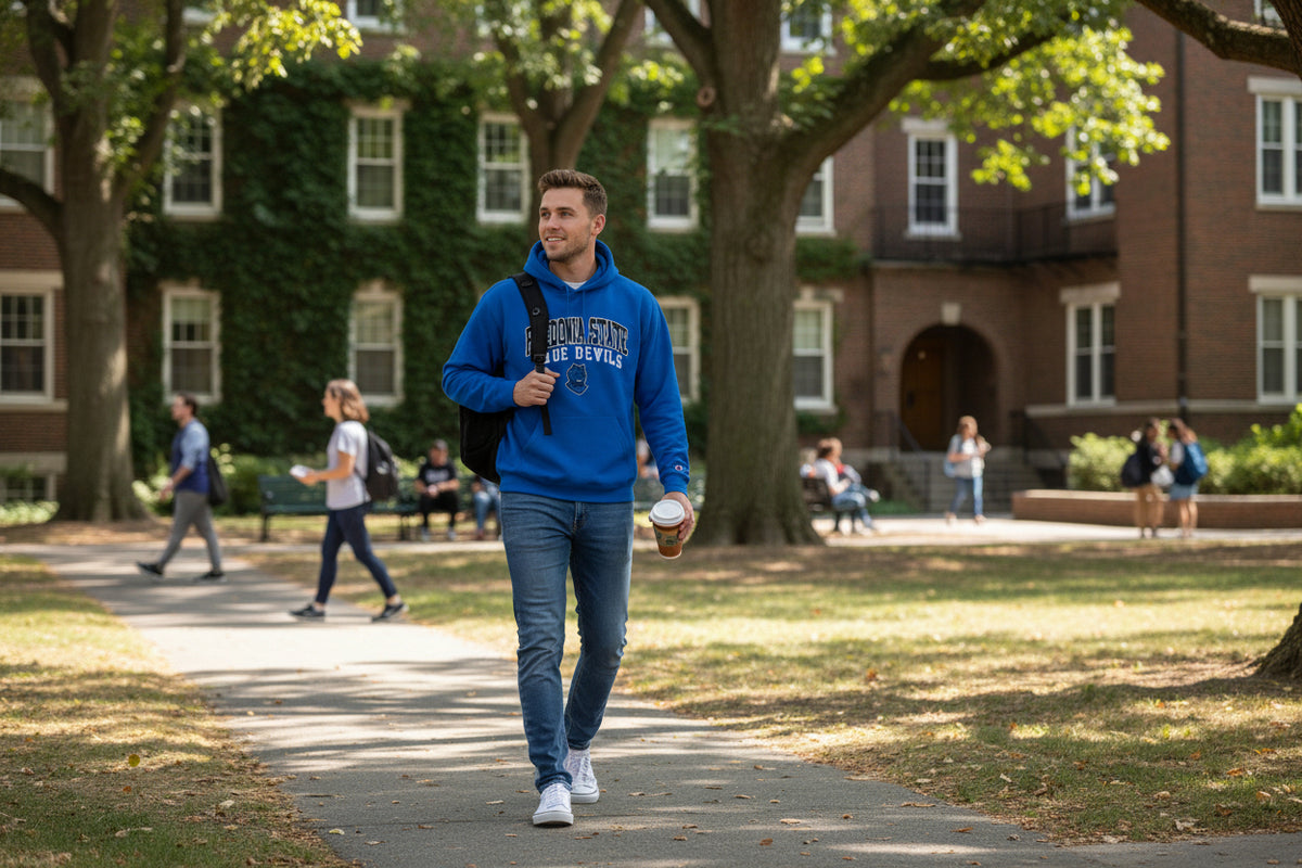Student wearing SUNY Fredonia Blue Devils Royal Blue hoodie on college campus