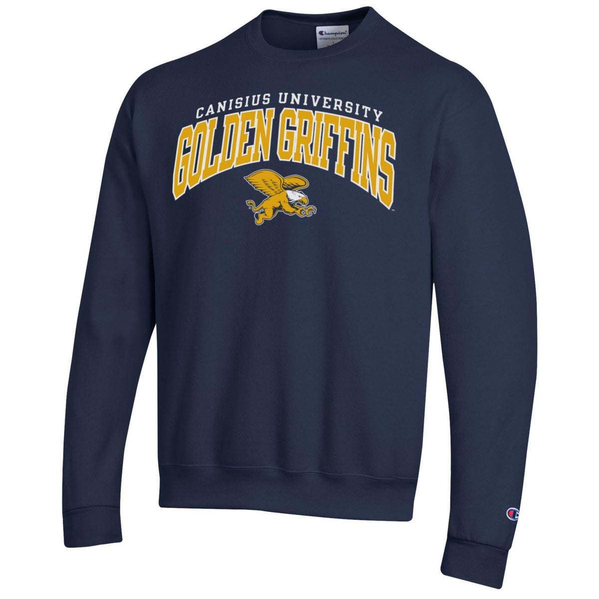 Navy blue Champion crewneck sweatshirt featuring yellow and white Canisius University Golden Griffins screen print