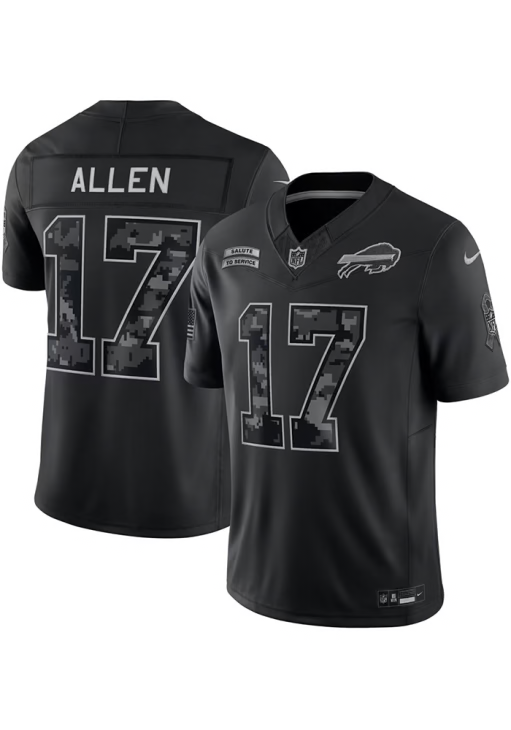 Josh Allen Buffalo Bills Black Salute to Service Nike Jersey Front and back View