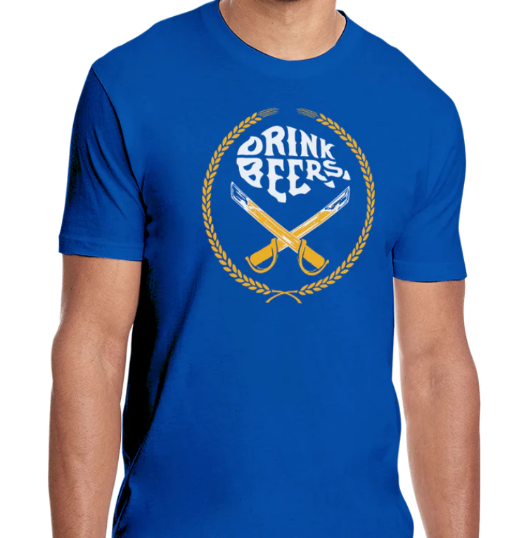 Blue and Gold Brotherhood Beer swords T-Shirt with crossed hockey sticks by 26 Shirts