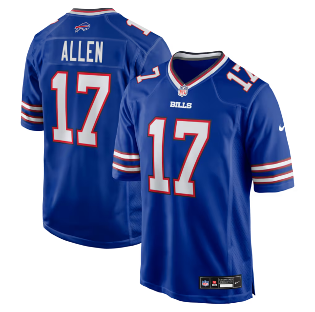 front and back view of the official Nike royal blue Buffalo Bills game jersey featuring Josh Allen's number 17 screen-printed in white and red, with "ALLEN" across the back shoulders.